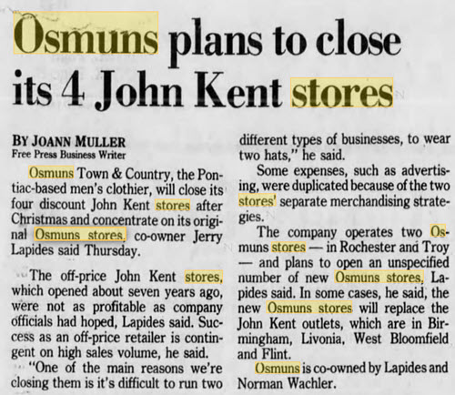 Osmuns Stores - Closing John Kent Spinoff Chain In 1988 (newer photo)